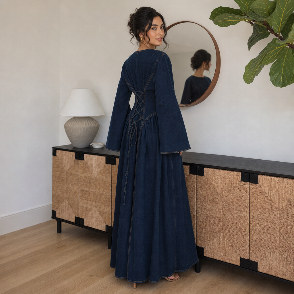 Joleen Lace-Up Denim Maxi Dress