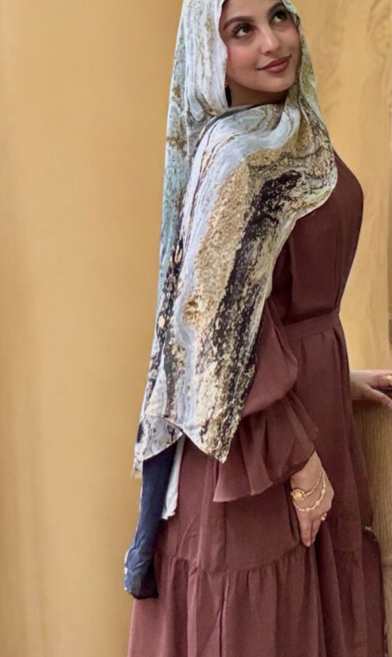 Gold splattered model hijab