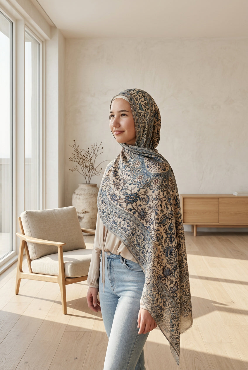 Persian Floral Printed Modal Hijab –Blue