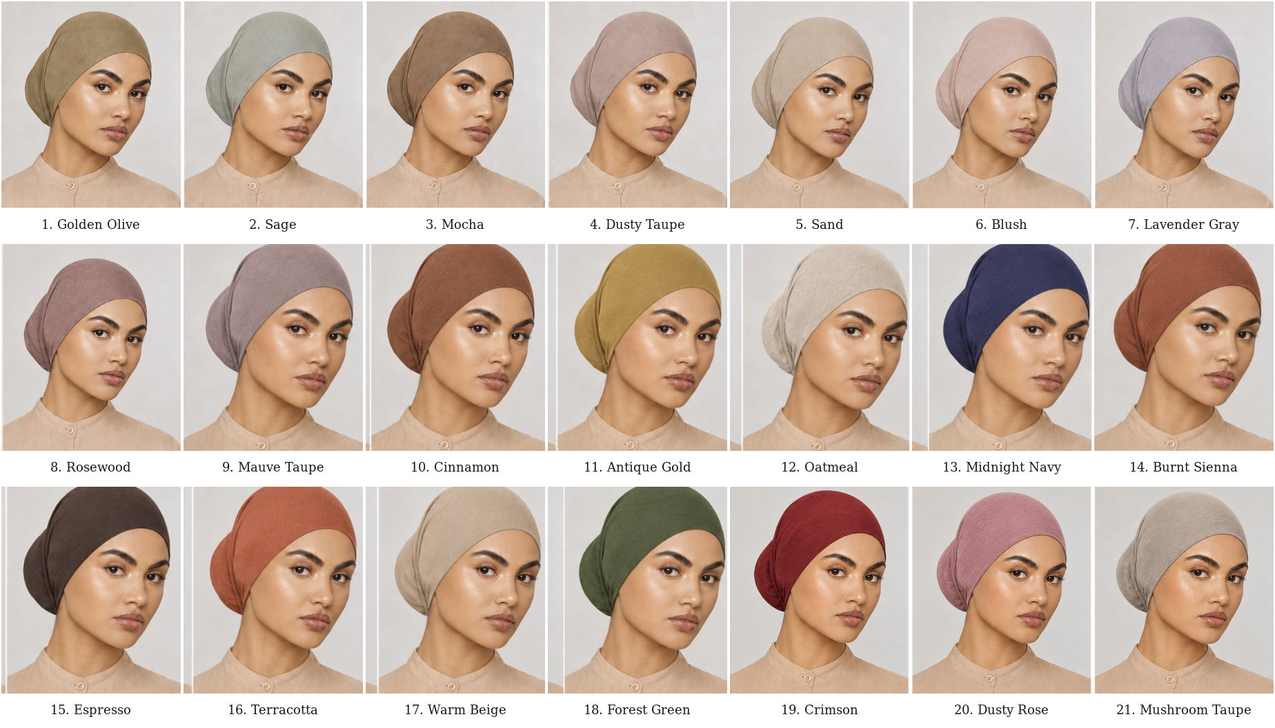 A grid of 24 model headshots showing different satin or silk headwraps/caps in various colors, labeled with names like Golden Olive, Suede, Mocha, Dusty Taupe, Sand, Blush, Lavender Grey, Rosewood, Mauve Taupe, Cinnamon, Antique Gold, Oyster, Midnight Navy, Burnt Sienna, Espresso, Terracotta, Forest Green, Crimson, Dusty Rose, and Mushroom Taupe.