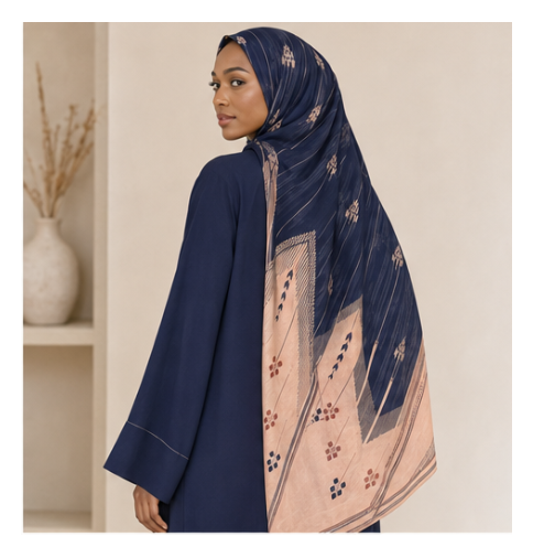 A six-panel collage showing a woman modeling a navy blue hijab with a light pink border and small floral motifs, styled with different outfits in a bright indoor setting with shelves.