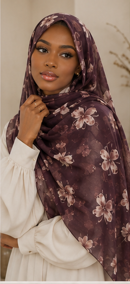 Eight-panel promotional collage showing a model wearing a plum-toned floral hijab in multiple styling poses, alongside product text on the right for Ginems Curated Essentials Plum Botanica Modal Hijab.