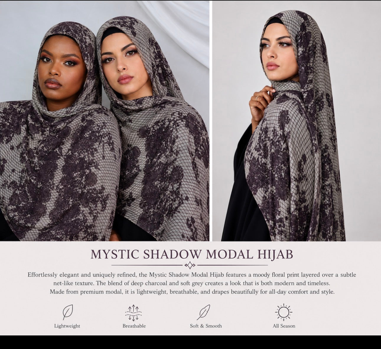 Three-panel product presentation of a hijab labeled 'Mystic Shadow Modal Hijab,' showing a model from the front and side against a light studio background, with descriptive text and feature icons below.