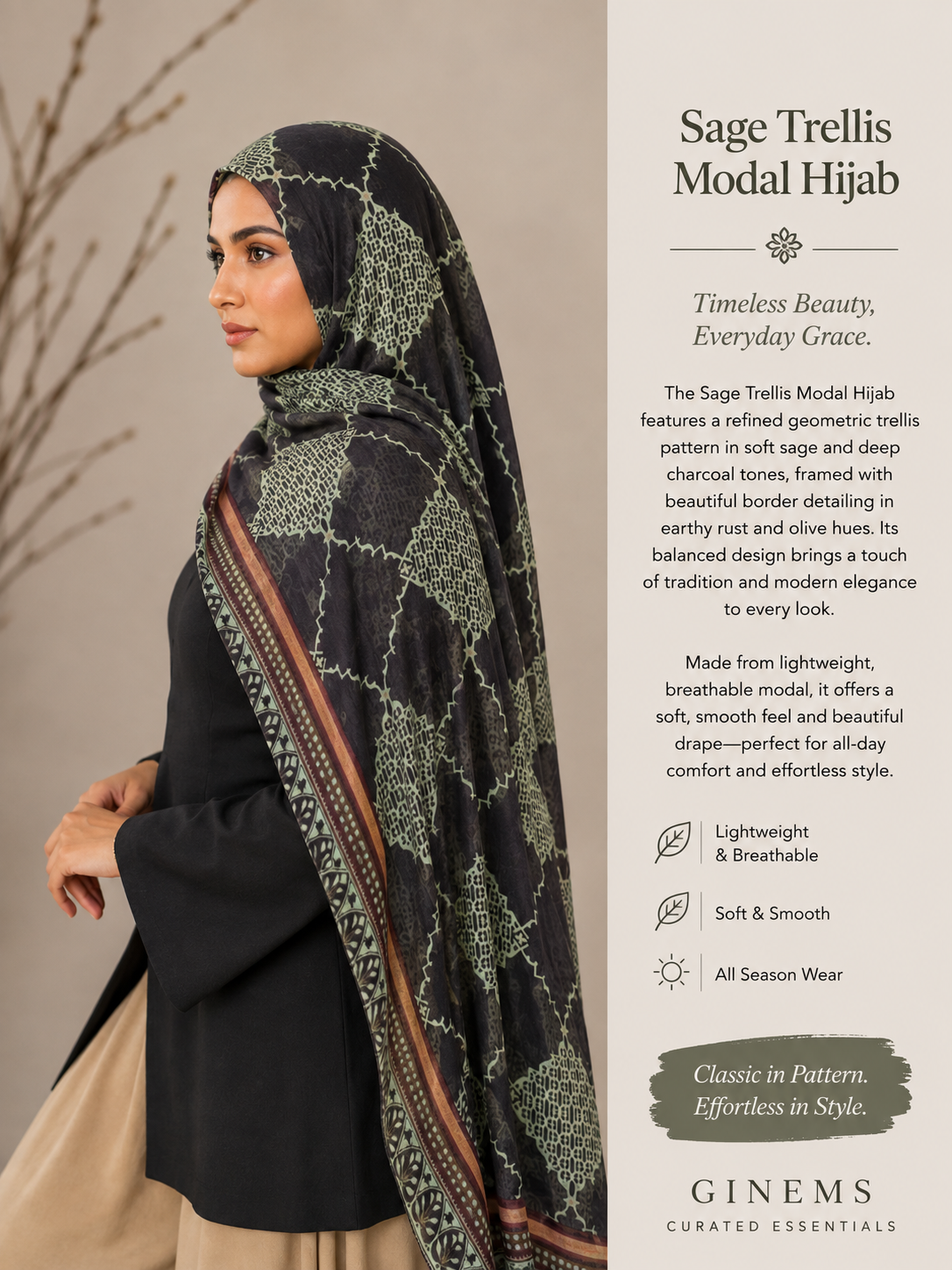 A woman wearing a sage trellis modal hijab with a black base and green geometric pattern, styled with a black kurta and beige skirt. The image is a promotional layout with text on the right detailing the product features and brand Ginems Curated Essentials.