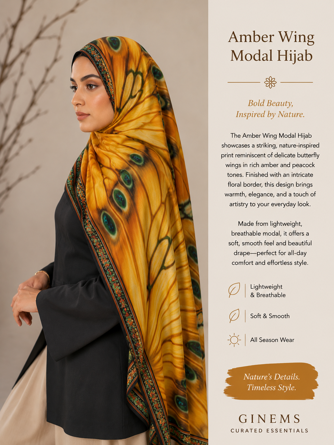 A woman wearing a yellow and orange patterned hijab with peacock-inspired motifs and a black coat, posed against a neutral background with product text on the right side. The brand name Ginems Curated Essentials is visible at the bottom.
