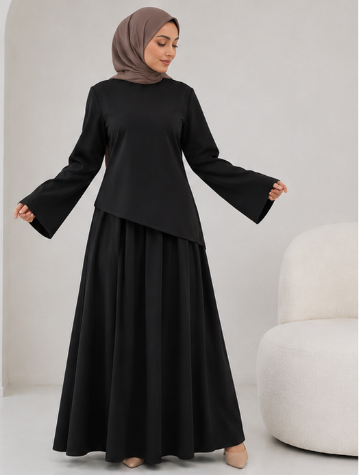 A five-panel collage showing a woman modeling a black modest outfit with a long-sleeve asymmetrical top and a long skirt, paired with a taupe-brown hijab. The panels show front, back, and side views in a clean studio setting with white chairs.