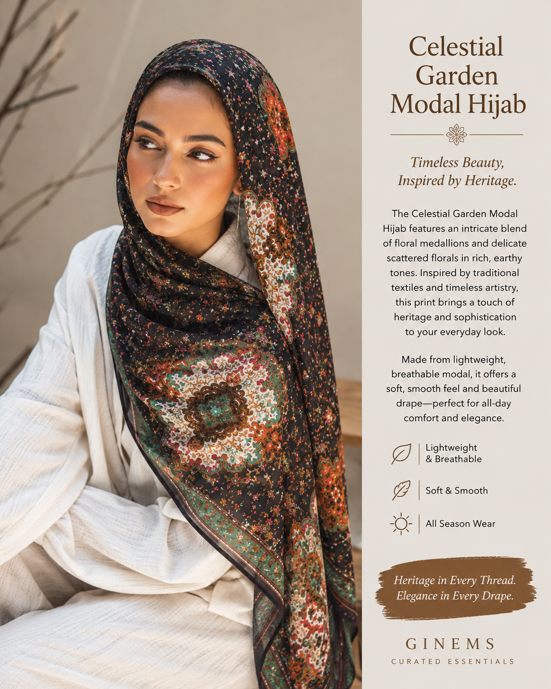 A woman wearing a patterned hijab with a floral print in earthy tones, shown against a neutral background with a text panel on the right describing the 'Celestial Garden Modal Hijab' by Ginems Curated Essentials.