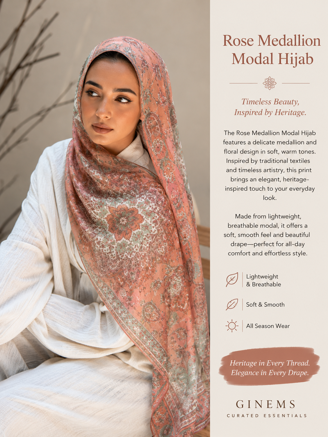 A woman wearing a patterned Rose Medallion Modal Hijab in warm peach and pink tones, seated against a softly blurred neutral background. The right side of the image features product text describing the hijab's design, fabric, and key features, with the brand name Ginems Curated Essentials at the bottom.