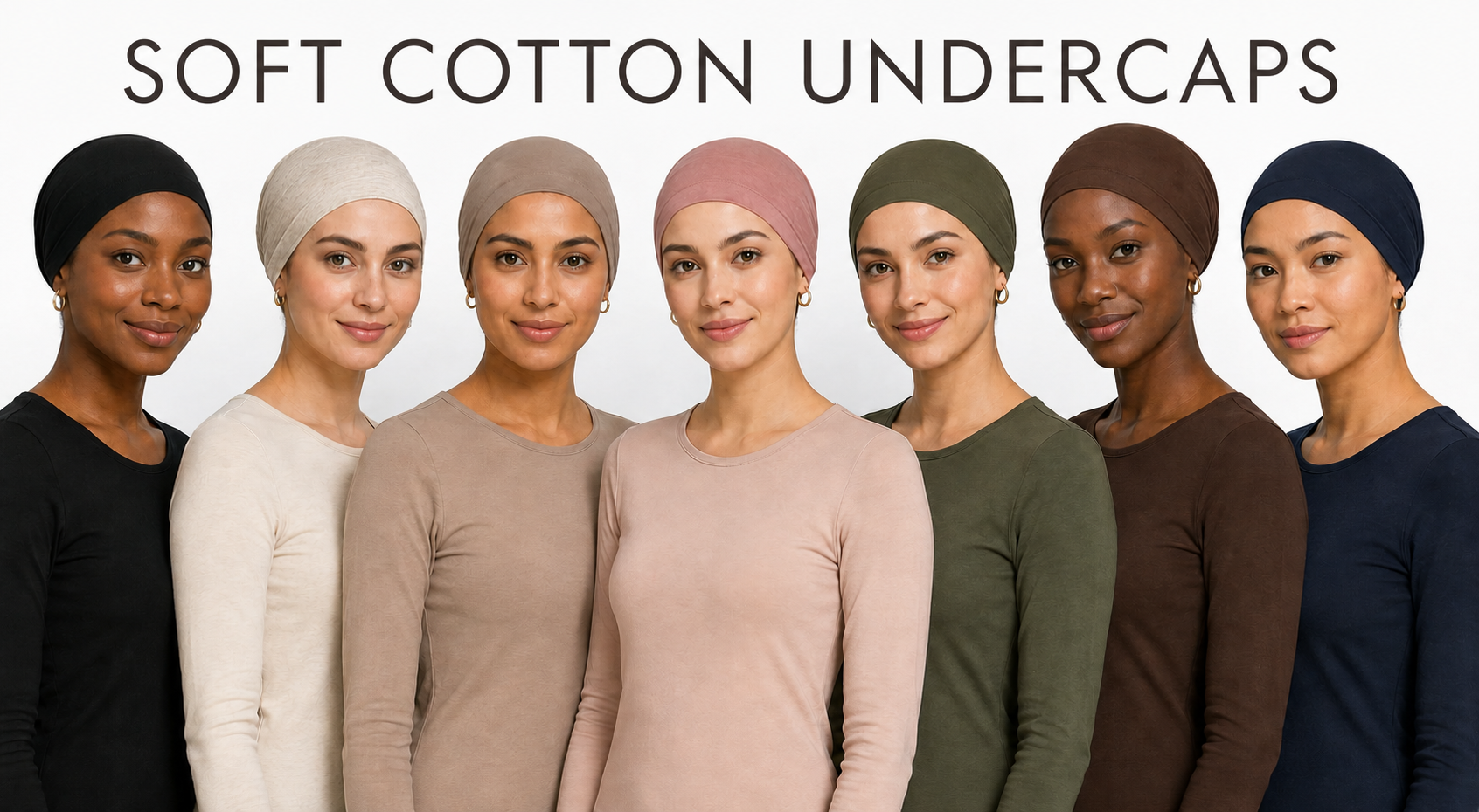 Seven women wearing different soft cotton undercaps in various colors, standing side-by-side against a white background with the text 'SOFT COTTON UNDERCAPS' at the top.